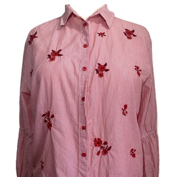 Primark Western Stripe Shirt Red & White Long Sleeve Button-Down Embroidery UK14 - Picture 2 of 13